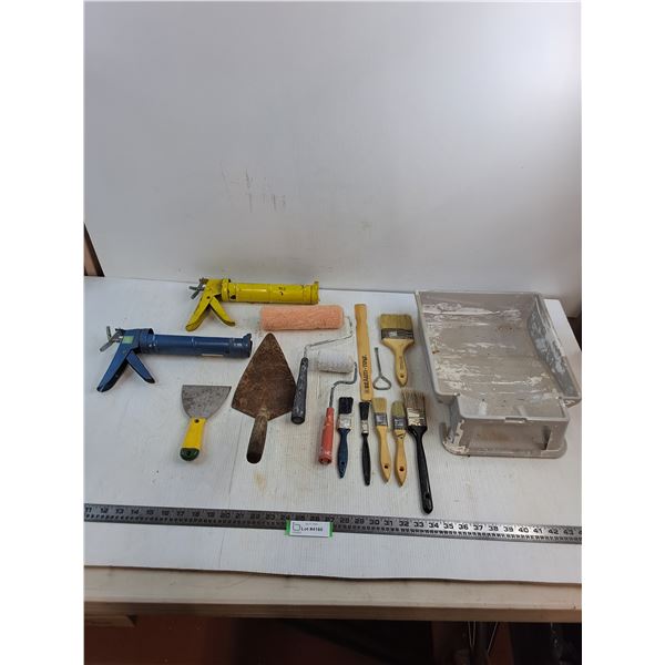 Paint Brushes, Tray, Rollers, Caulking Guns, Trowel, Scraper - All As is