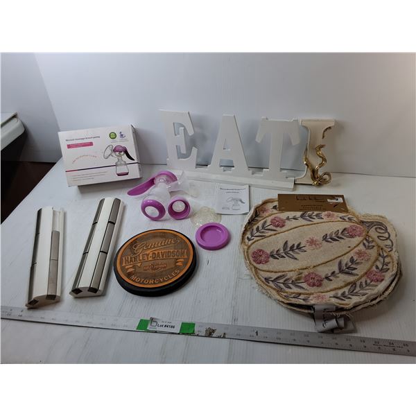 Manual Breast Pump, Harley Davidson 8" Sign, Placemats, Misc.