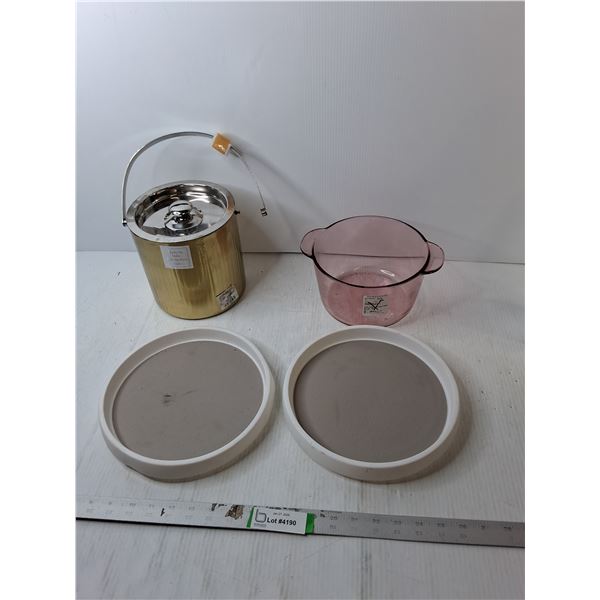 (2) Lazy Susans, Glass Pot, Ice Bucket- Broken Handle