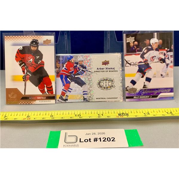 (3) Adam Fantilli Rare Gold Foil TC Jrs; Arber Xhekaj Gold Sparkler; & Billy Sweezey Young Guns Rook