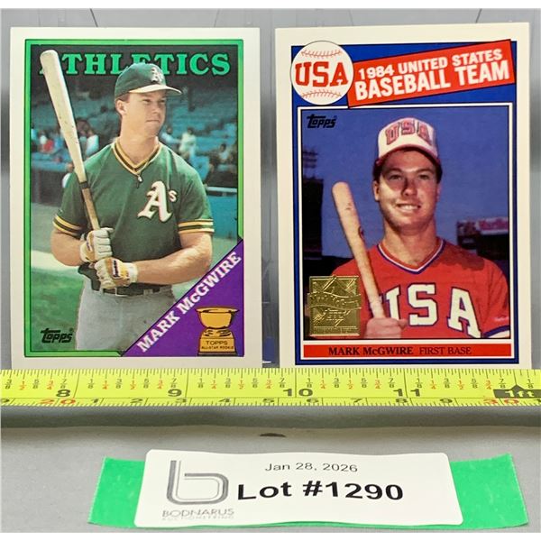 (2) Mark McGwire Rookie MLB Baseball Cards: Including Rare 1988 Topps Neon Green Ink Bleed Card HIGH