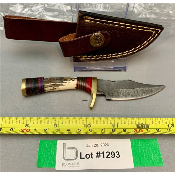 NEW Custom Hand Made Damascus Steel Blade Antler Handle Hunting Skinning Knife & Handmade Leather Sh