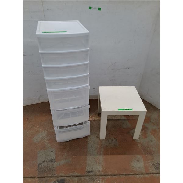 *(7) Drawered Plastic Storage Unit On Wheels, Small Plastic Table, Measurements in Pics, Cant Ship