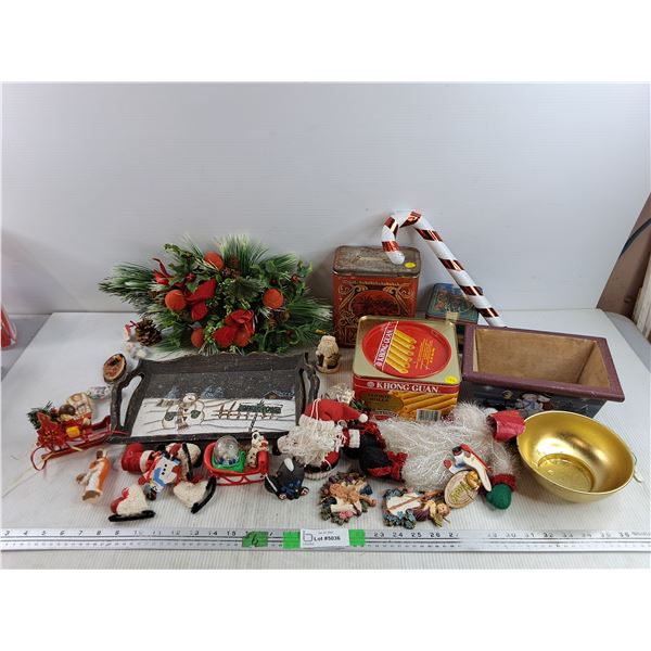 Wooden Snowman Tray 13" x 9", Christmas Ornaments, Vintage Tin Cans, Misc