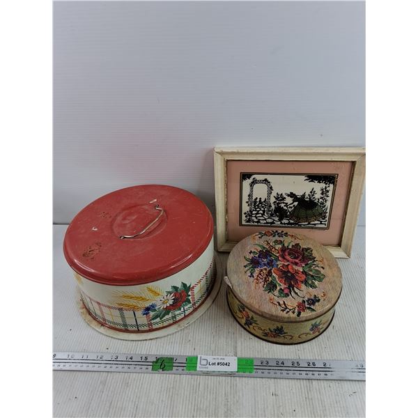 Vintage 11" Cake Serving Lidded Dish, Wooden Framed Wall Art 11 1/2" x 10", Metal Round Can 8"
