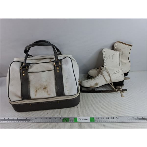 Ice Skates - Size 8, Vintage Leather Bag 10" x 9" x 15"