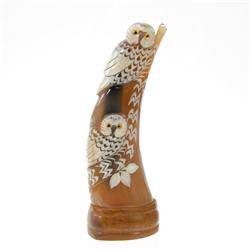 Rare White Buffalo Horn Scrimshaw Owl (CLB-259)