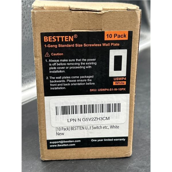 Bestten USWP4 Screwless 1-Gang Wall Plate, White, 10-Pack