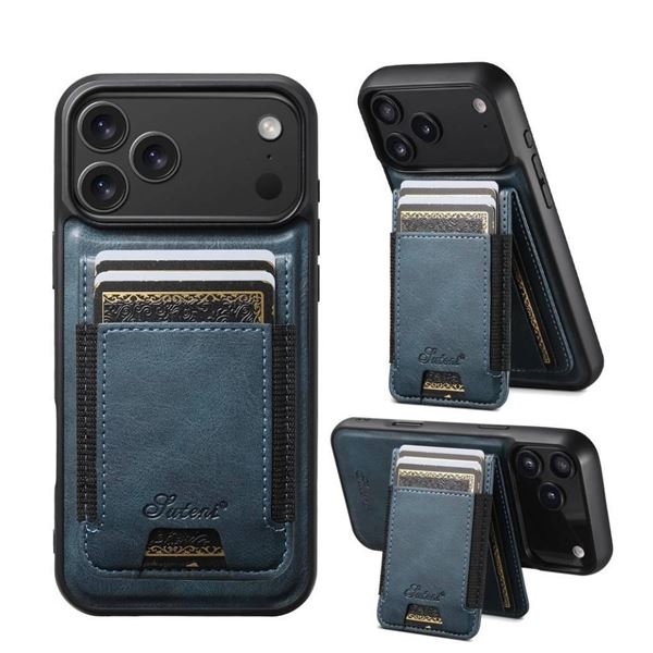 iPhone 17 Pro Max Suteni H17 Oil Eax Leather MagSafe Detachable Wallet Phone Case – Blue
