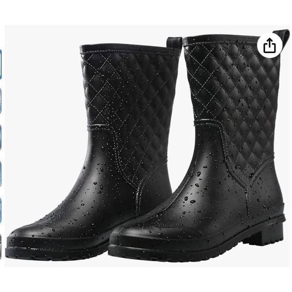 Petrass Women Rain Boots Black Waterproof Mid Calf Lightweight Cute Booties Black, Size US 9.5