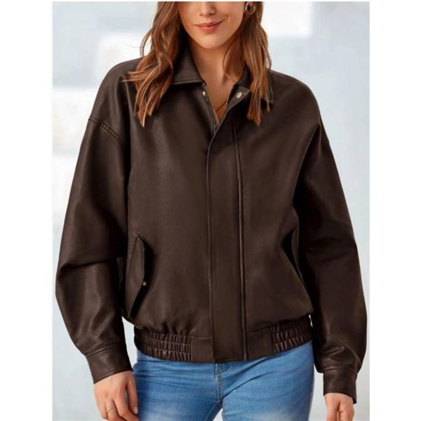 PrettyGarden Women’s Brown Faux Leather Jacket with Zipper Size Small