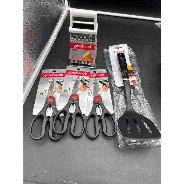 Lot of Goodcook Kitchen Shears, Grater, and T-fal Spatula