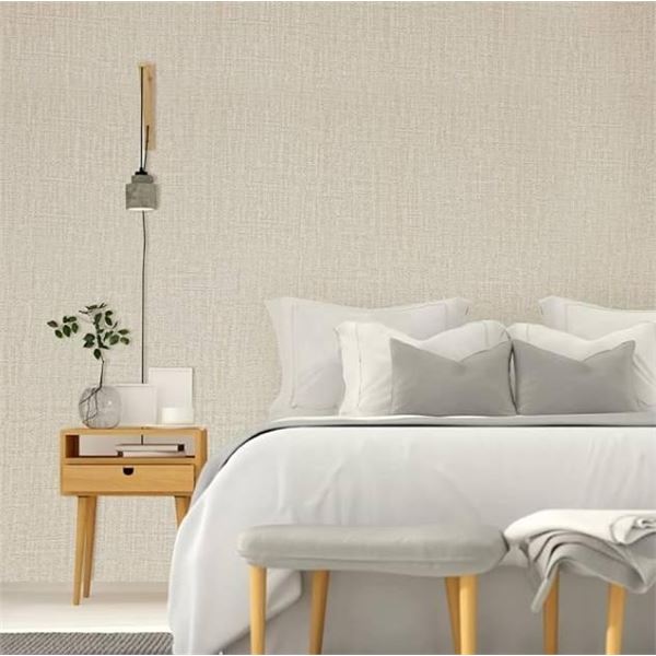 393.7”x15.8″ Beige Peel and Stick Wallpaper Linen Textured Wallpaper Removable Con