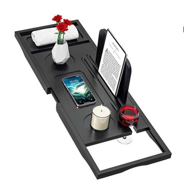 Banlilu Premium Bamboo Bathtub Tray Caddy Black – Bath Tray Black Adjustable