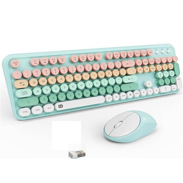 Wireless Keyboard and Mouse Set, 105 Round Keys Full-Size Cute Colorful Keyboard and Mouse with Retr