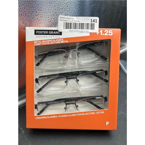 Foster Grant +1.25 Metal Reading Glasses – 3 Pack with Cases