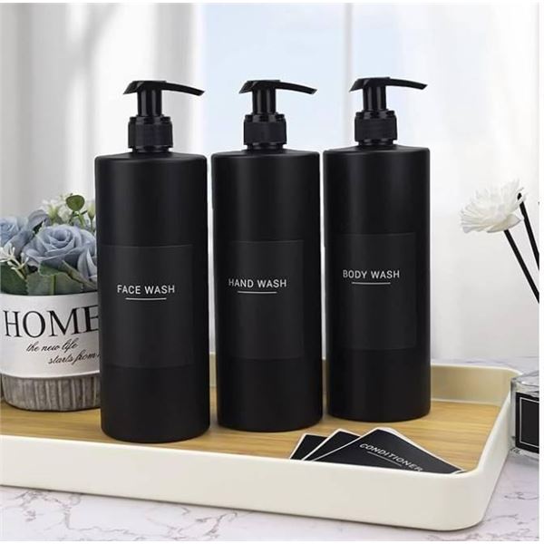 3 Pack 500ml Matte Black Soap Lotion Pump Dispensers with 22 Black Labels Bathroom Minimalist Dispen