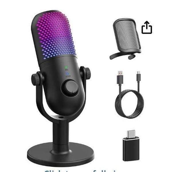 USB Microphone for PC Gaming: Condenser Microphone RGB with Stand Mic – Recording Microphon