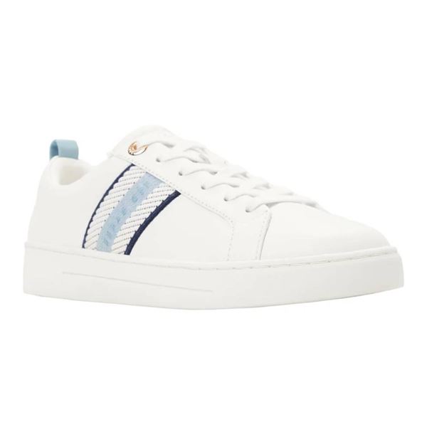 Ted Baker Womes  White Leather  Sneakers with Blue Stripes, Size 7