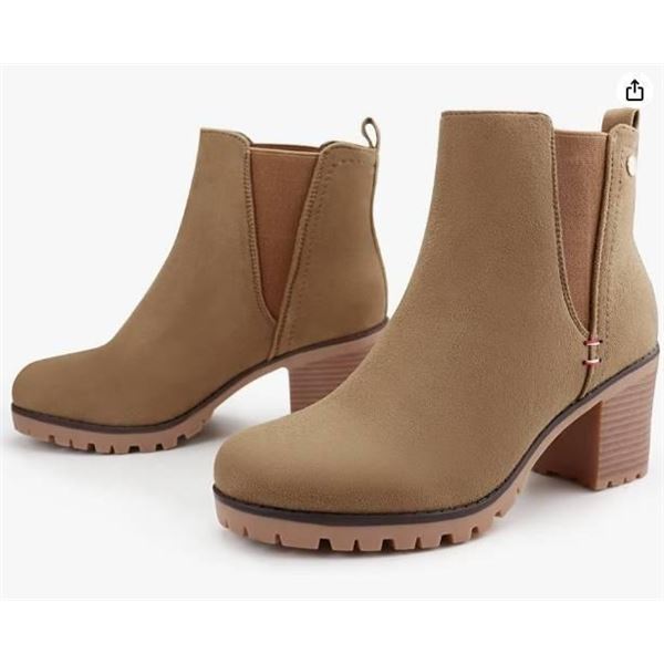 JABASIC Women Classic Suede Chelsea Boots with Block Heel Slip-On Ankle Booties, Size 7, Light Brown