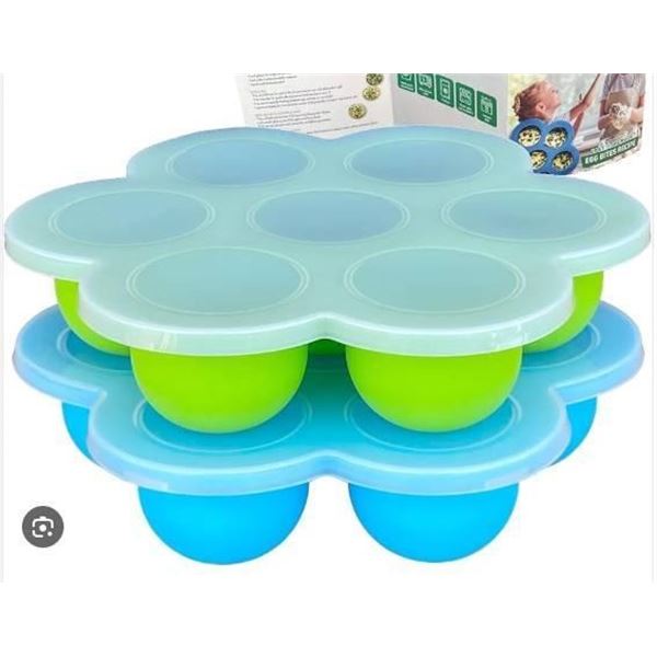Two Silicone Egg Bite molds with lids in Green and Blue