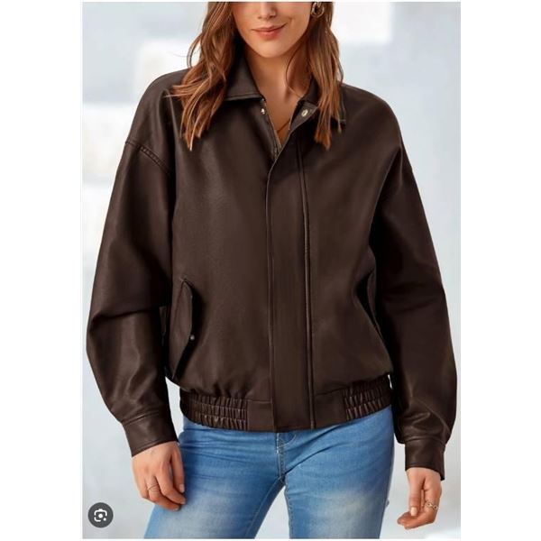 PrettyGarden Women’s Brown Faux Leather Jacket with Zipper