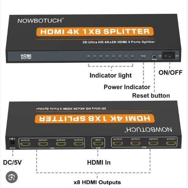 NOWBOTOUCH 1×8 HDMI Splitter with 3D Support and 4Kx2K Capability