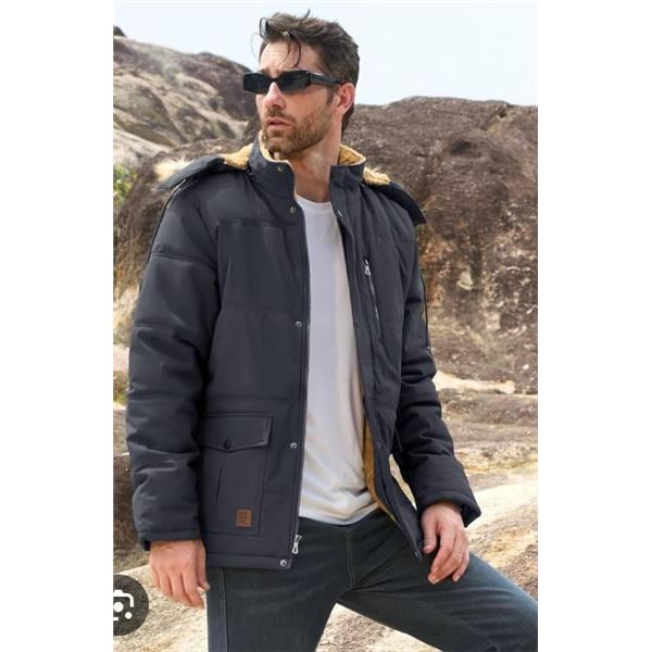 Men’s Outdoor Jacket with Detachable Hood and Faux Fur Lining, Size M