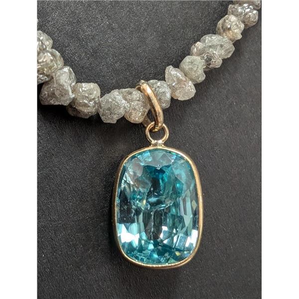 $1185, 10K(5.29g), BLUE ZIRCON (4ct), ROUGH DIAMOND BEAD (19ct)NECKLACE 19", appraised value $1185