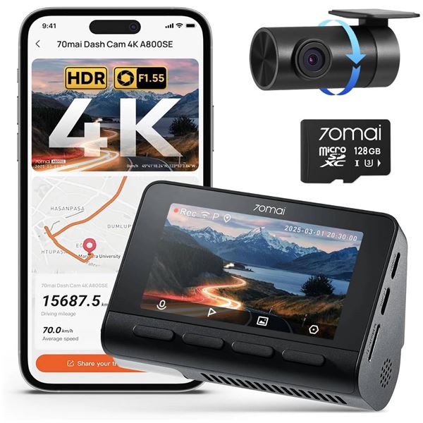 70mai 4K Dash Cam Front and Rear, Built in Wi-Fi 6 & GPS Car Camera, Dual HDR Dash Camera for Cars, 