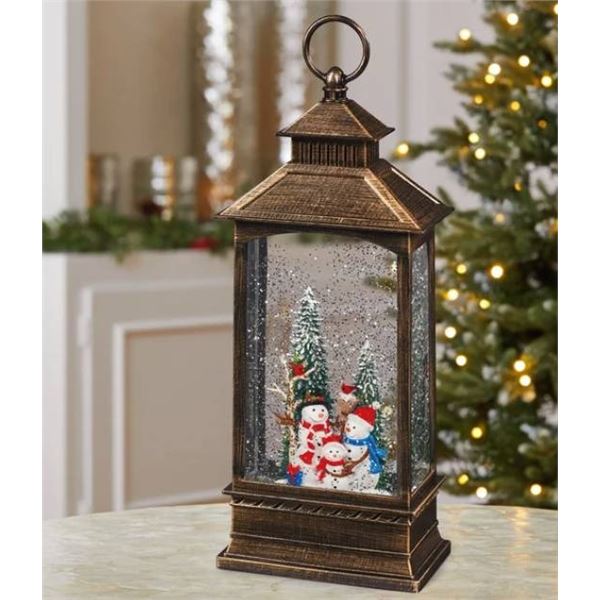 Holiday Lantern with LED Light and Snowman Scene – 6H Timer Feature