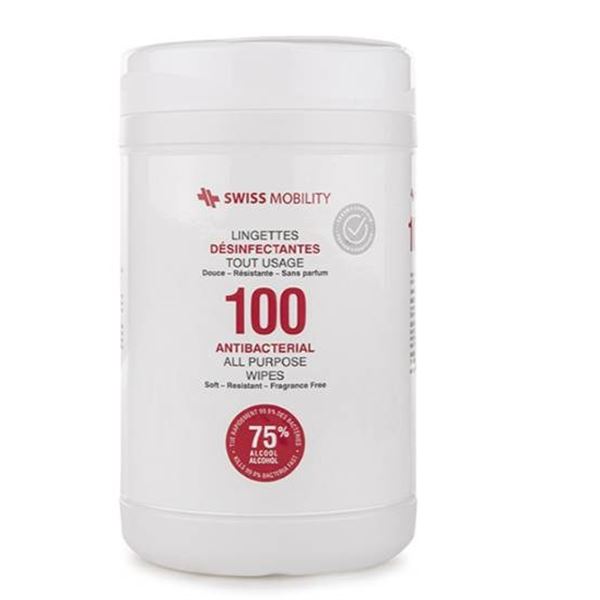 Lot of 24 – Swiss Mobility All-Purpose Disinfecting Wipes – 100/Pack