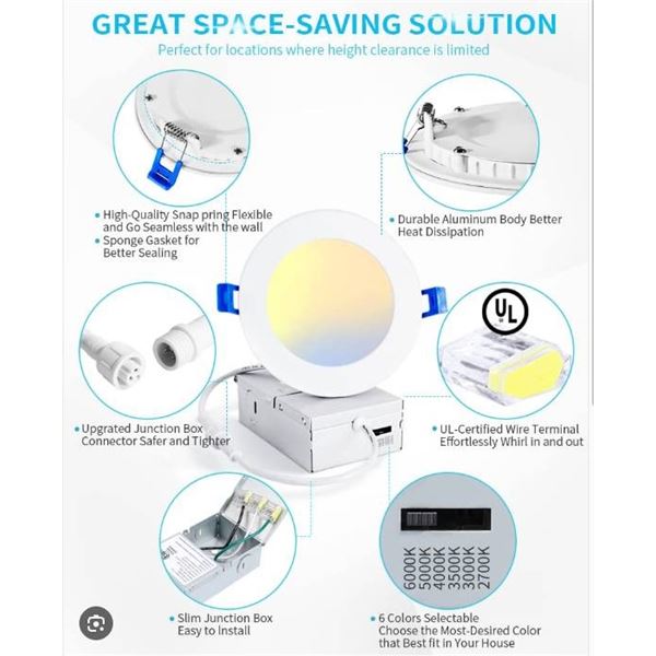 Luckywin 4 Inch Slim Recessed LED Lights, 16 Pack, 4 Inch, 2700K-6500K, 750LM