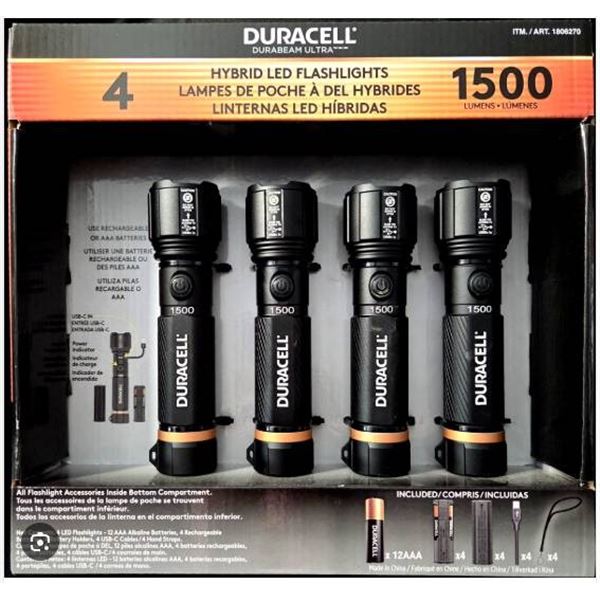 Duracell Hybrid LED Flashlights, 4-Pack with 1500 Lumens Output