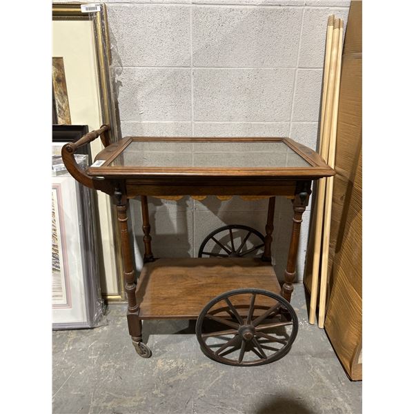 Antique Wooden Serving Cart with Glass Top and Spoke Wheels