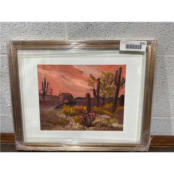 Framed Desert Cactus Painting With Gold Trim Frame ( 1ft 3in x 1ft 1in )