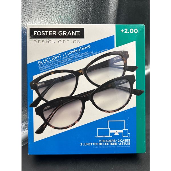 Foster Grant Design Optics Blue Light Reading Glasses +2.00 with Two Cases