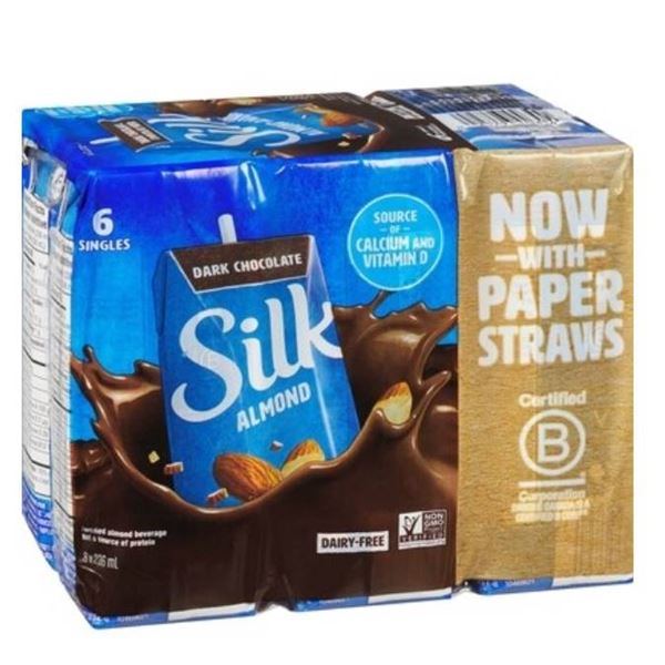 Lot of 2-Silk Almond Dark Chocolate Drink 6x236ml with Paper Straws
