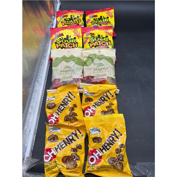 Lot 0f Candy Including Sour Patch Kids, Oh Henry! and Mighty Jubes