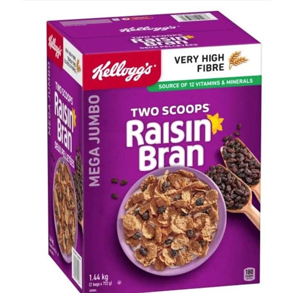 Kellogg’s Two Scoops Raisin Bran Cereal, 1.44 kg, Mega Jumbo