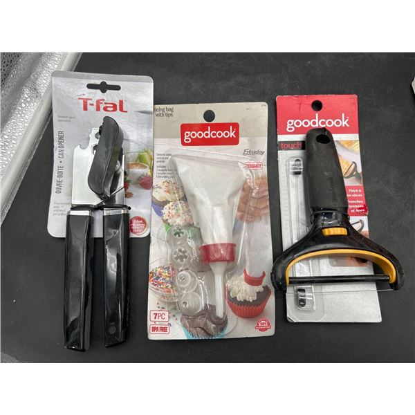 Lot of GoodCook and T-Fal Kitchen Tools Including Icing Bag Kit, Peeler, and Can Opener
