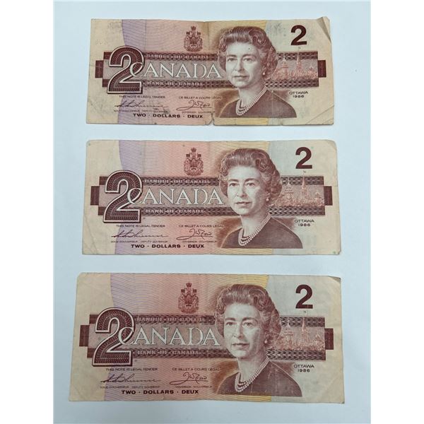 Three VINTAGE Canadian Two-Dollar Banknotes