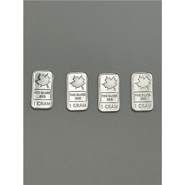 Lot of Four 1-Gram .999 Fine Silver Bars With Maple Leaf Design