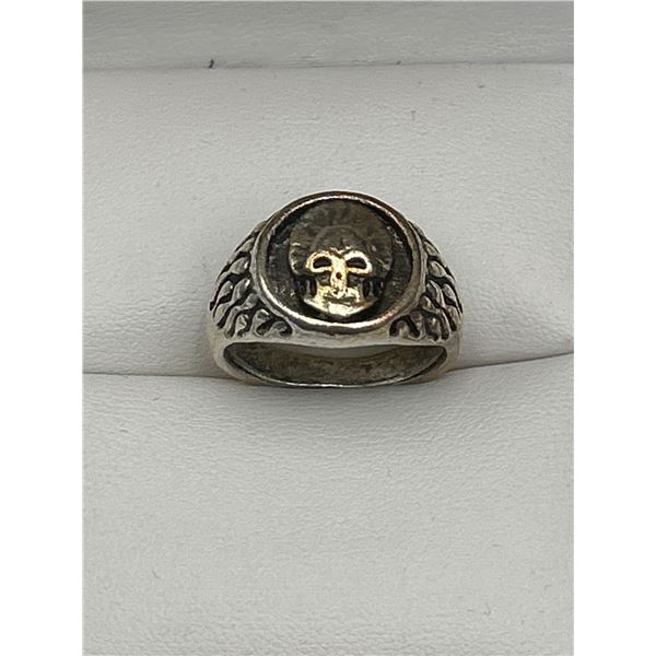Sterling Silver Skull Motif Biker Ring with Flame Design