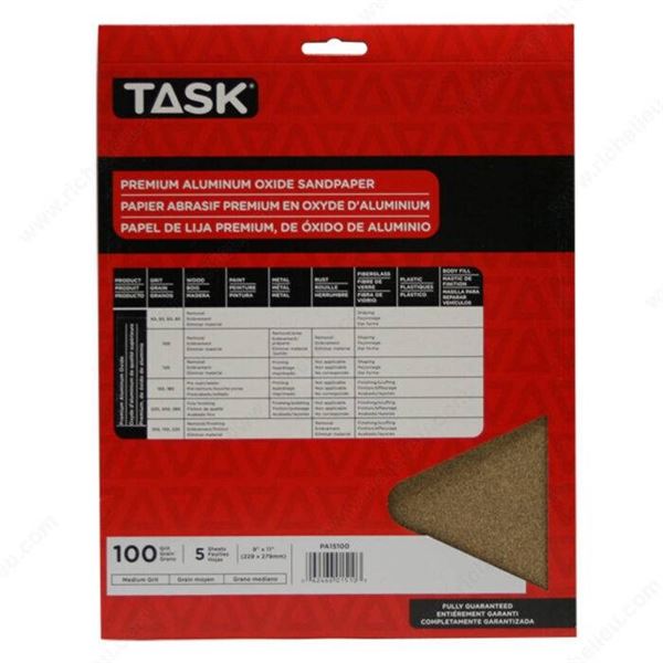 Task Aluminum Oxide Sandpaper, 100 Grit, 5-Pack