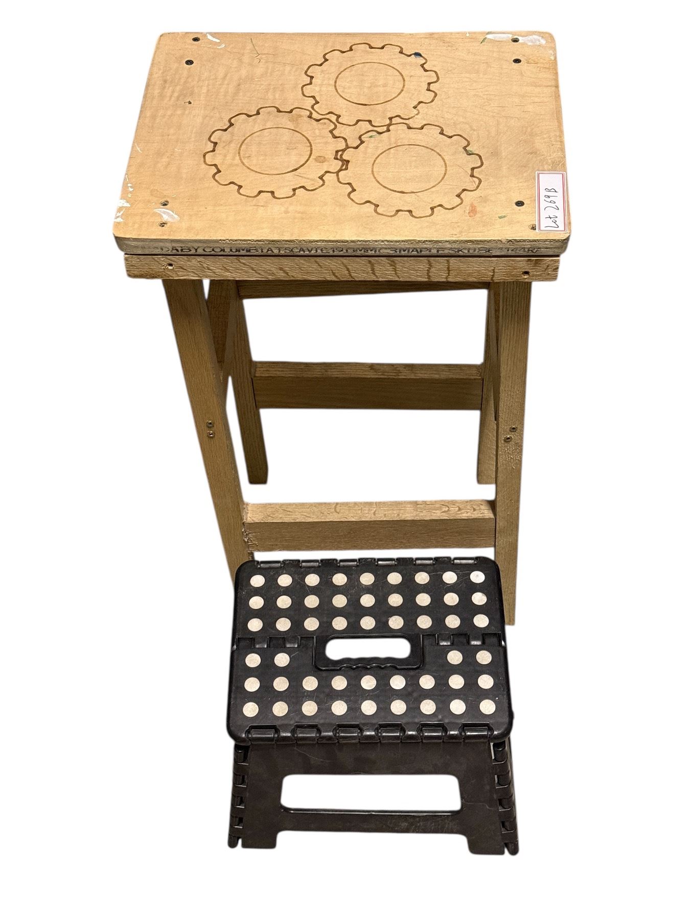 Small wooden work stool & plastic folding step stool