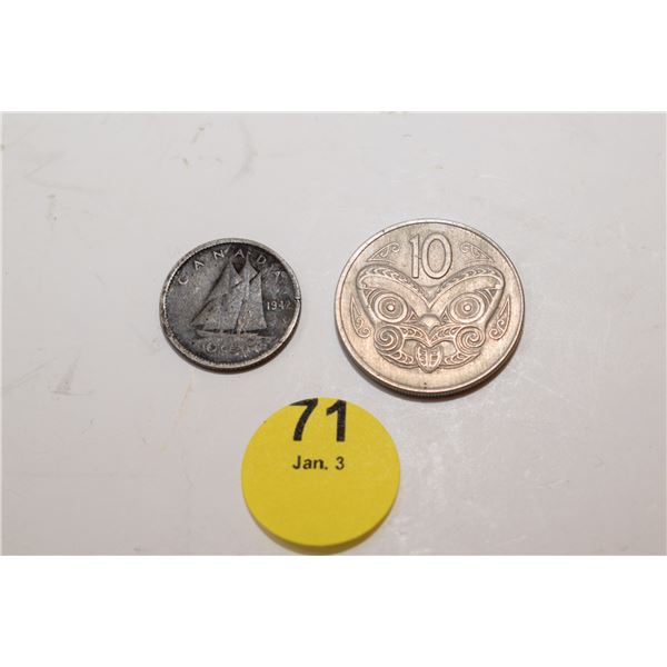 1942 Canadian Silver Dime + 1971 New Zealand Coin