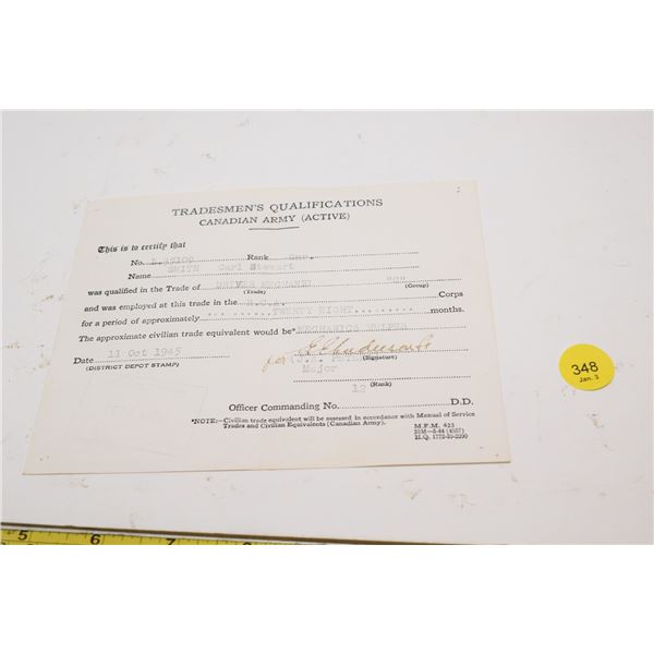 1945 Canada Army Certificate