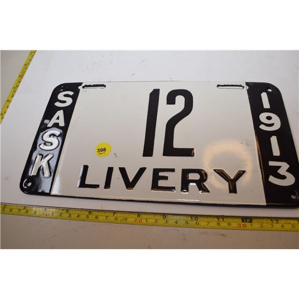1913 Saskatchewan Porcelain Repo License Plate