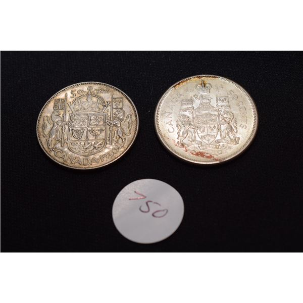 1964, 1950 Canadian Silver ½ Dollar
